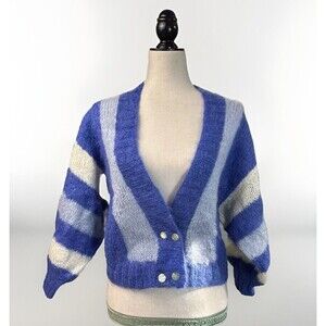 Homemade Cardigan Unique M/L Blue Cropped Fuzzy Balloon Sleeve Striped Cottage